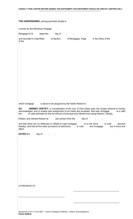 Standard N.Y.B.T.U. Form 8037 Owner S Estoppel Certificate Uniform Acknowledgment