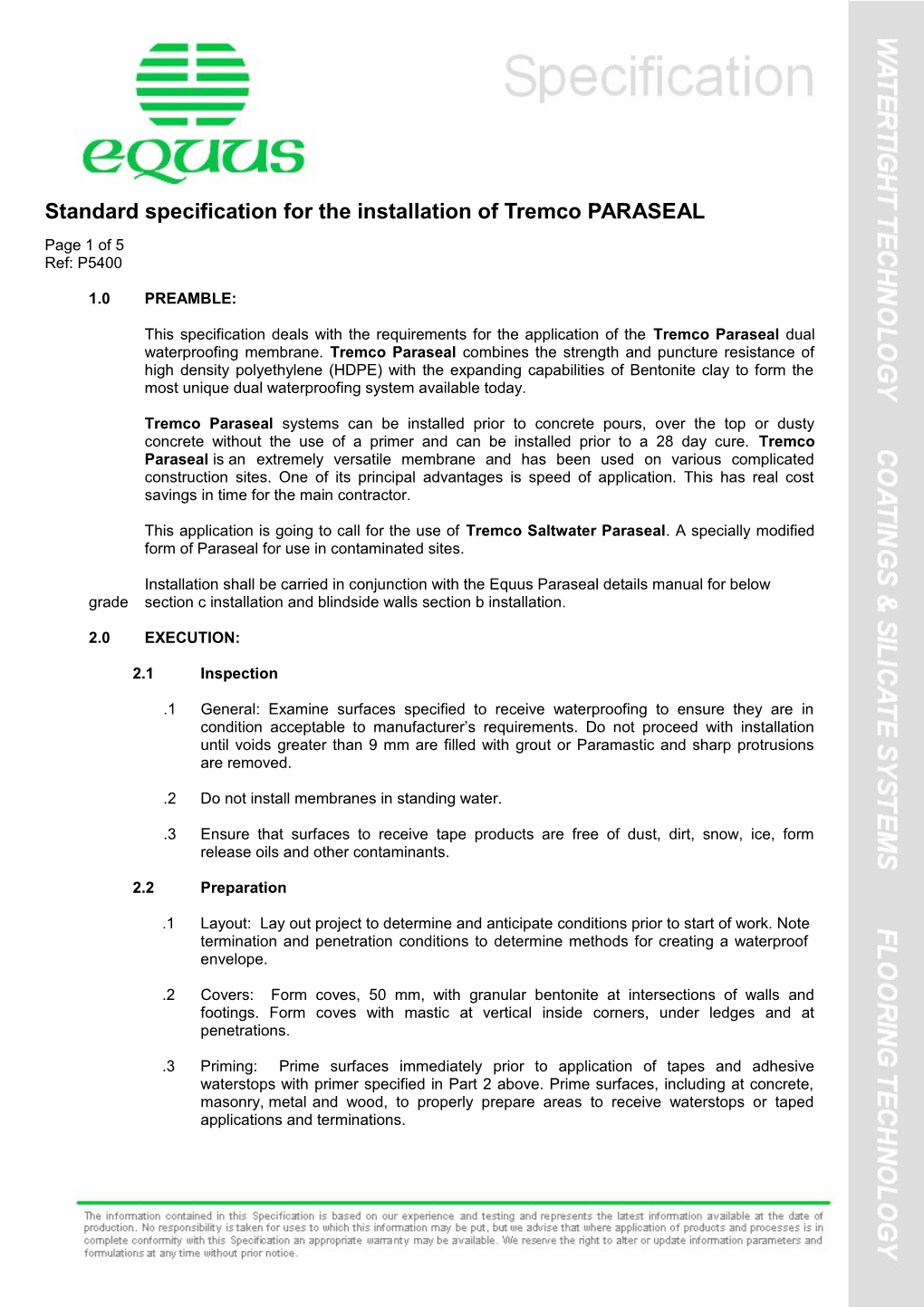 Standard Specification for the Installation of Tremco PARASEAL