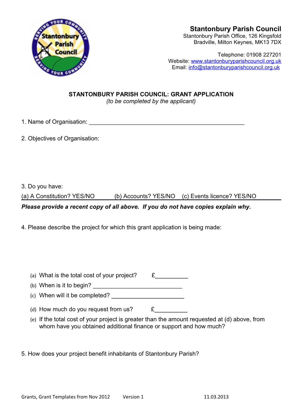 Stantonbury Parish Council: Grant Application