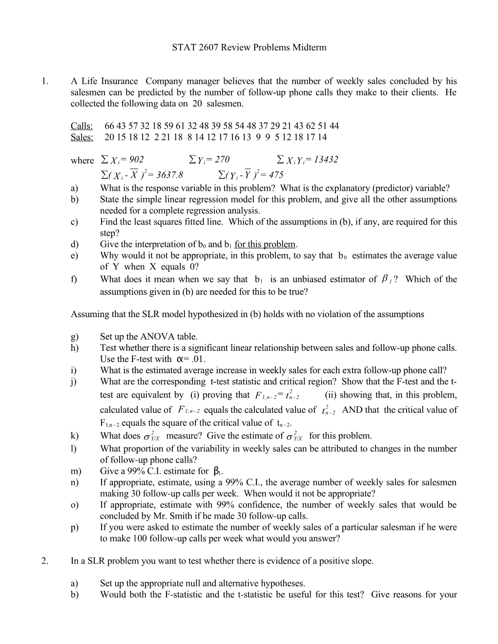 STAT 2607 Review Problems Midterm