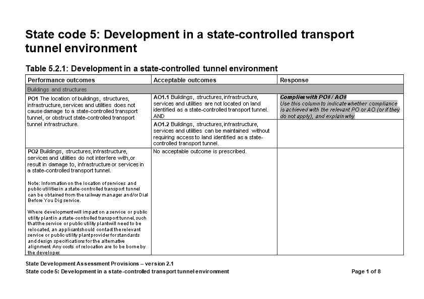 State Code 5: Development in a State-Controlled Transport Tunnel Environment - Response Template