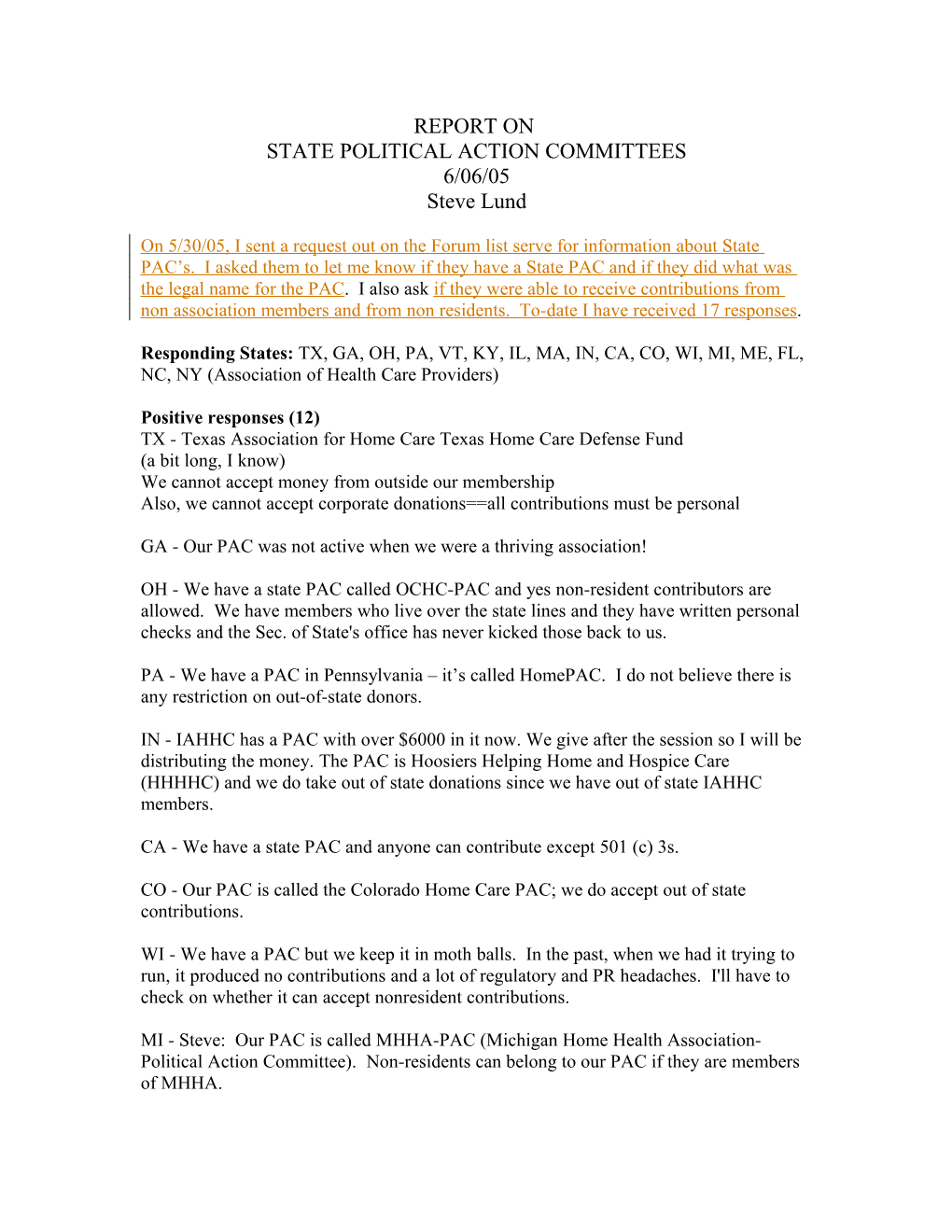 STATE Political Action Committees