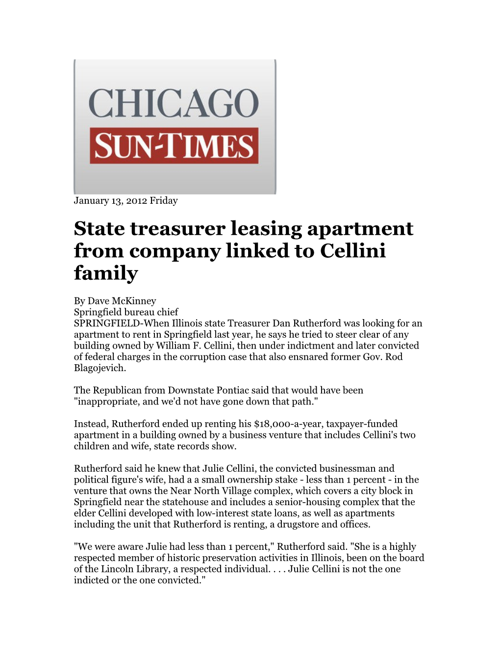 State Treasurer Leasing Apartment from Company Linked to Cellini Family