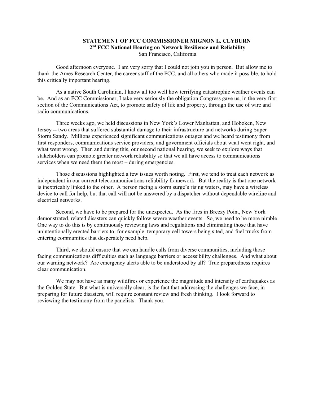 Statement of Fcc Commissioner Mignon L. Clyburn