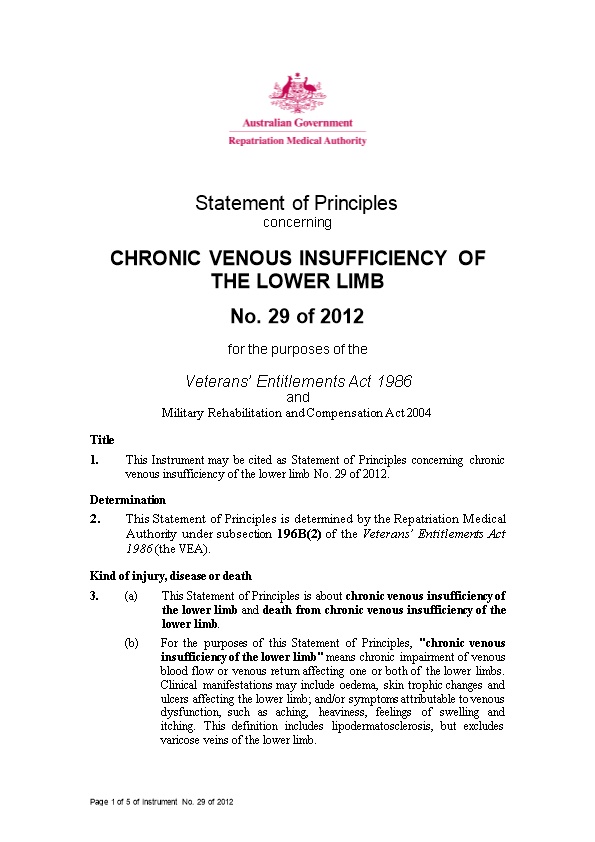 Statement of Principles 29 of 2012 Chronic Venous Insufficiency of the Lower Limb Reasonable