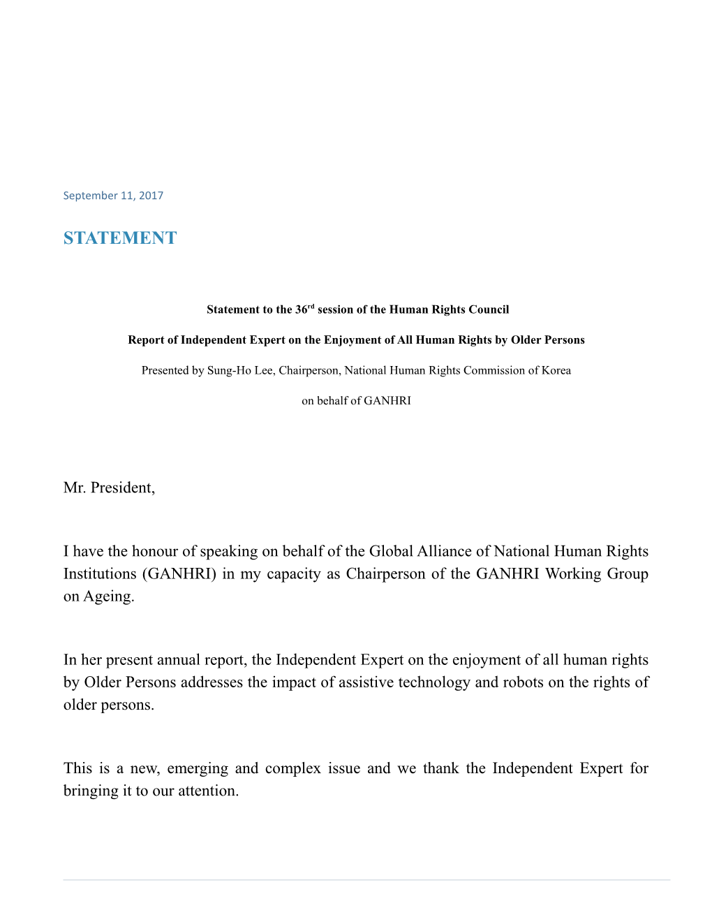 Statement to the 36Rd Session of the Human Rights Council