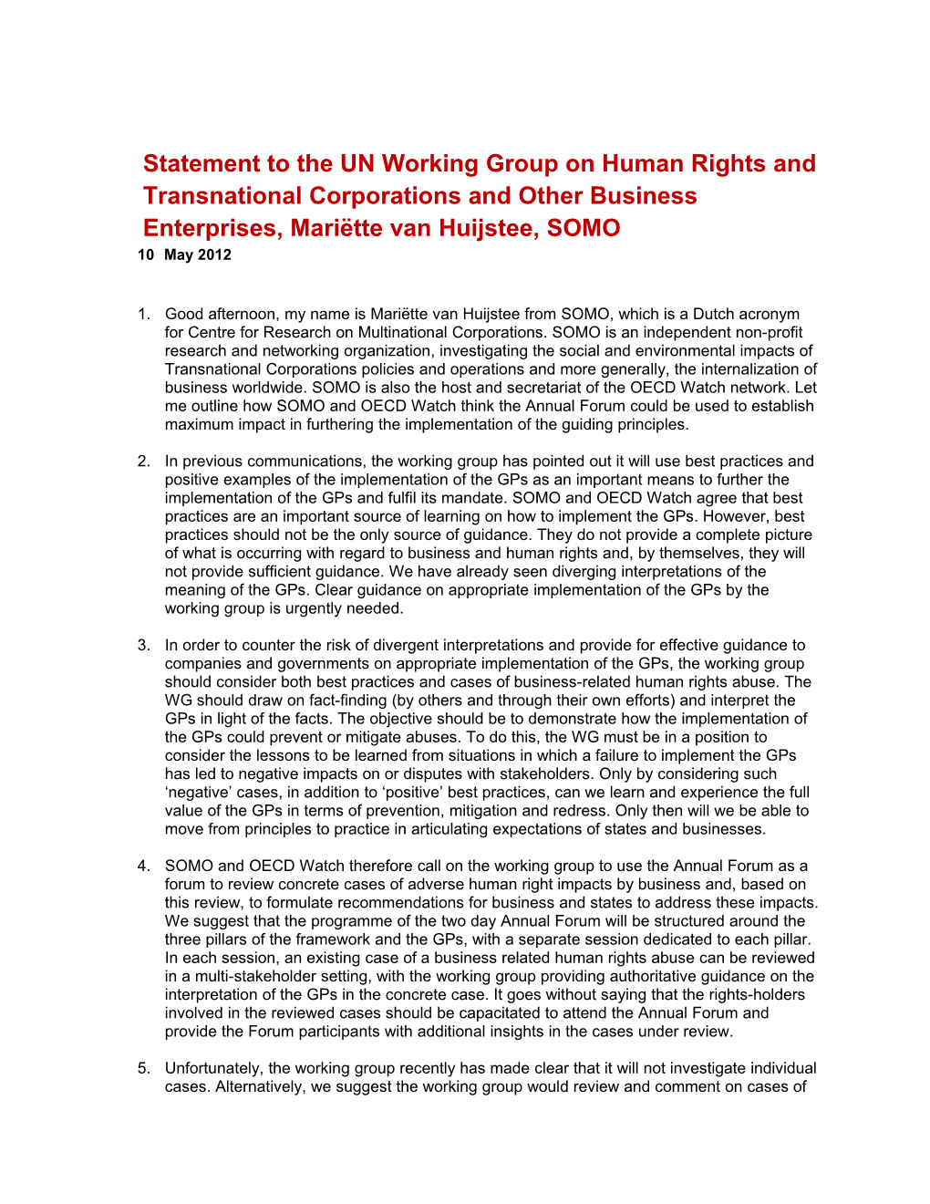 Statement to the UN Working Group on Human Rights and Transnational Corporations and Other