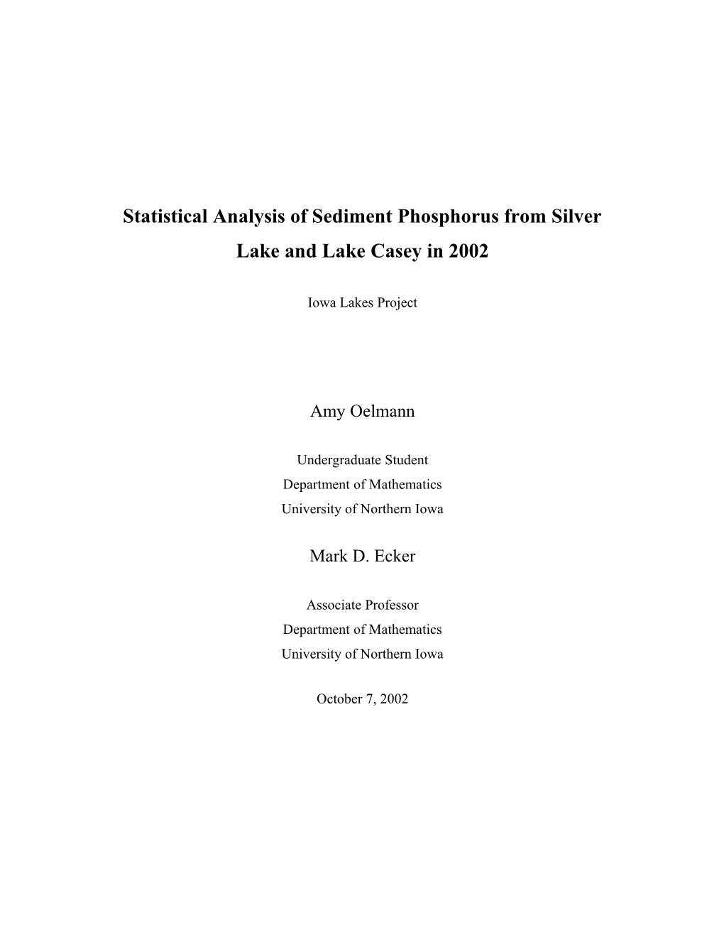 Statistical Analysis of Sediment Phosphorus from Silver Lake and Lake Casey in 2002