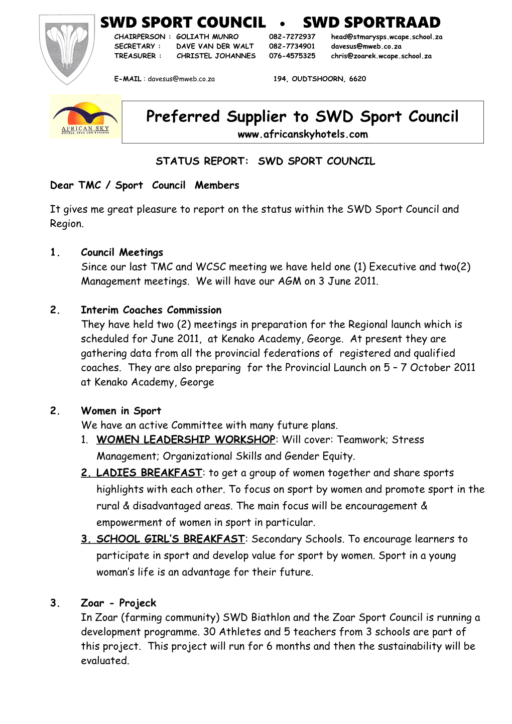 Status Report: Swd Sport Council