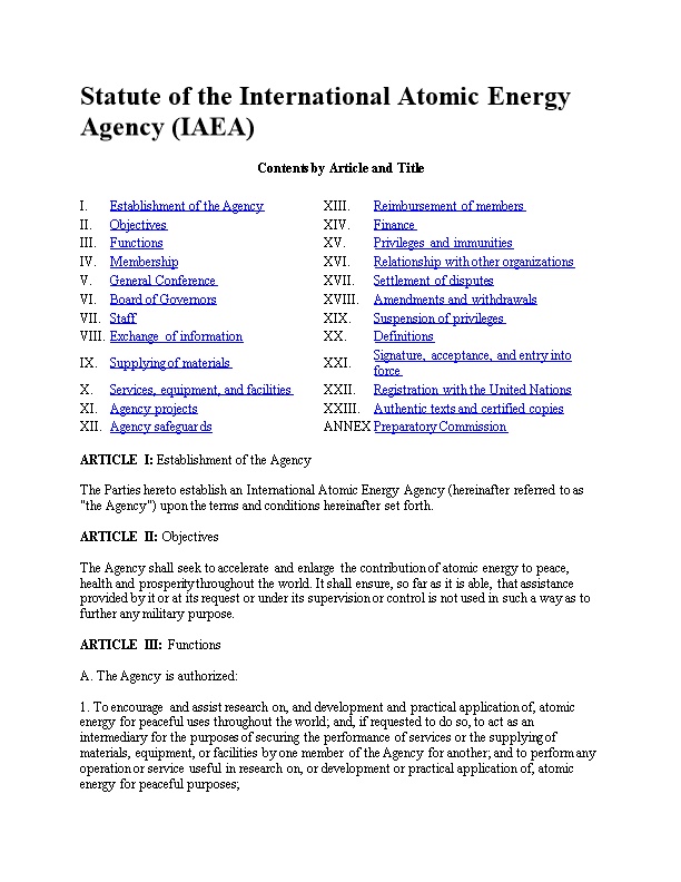Statute of the International Atomic Energy Agency (IAEA)