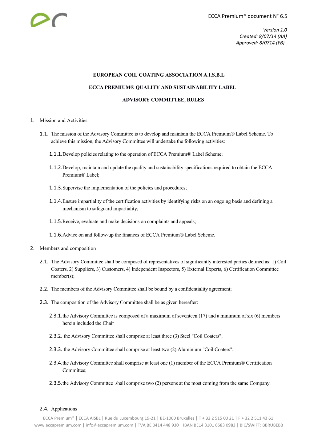 Statutes of the European Coil Coating Association (Ecca) Aisbl
