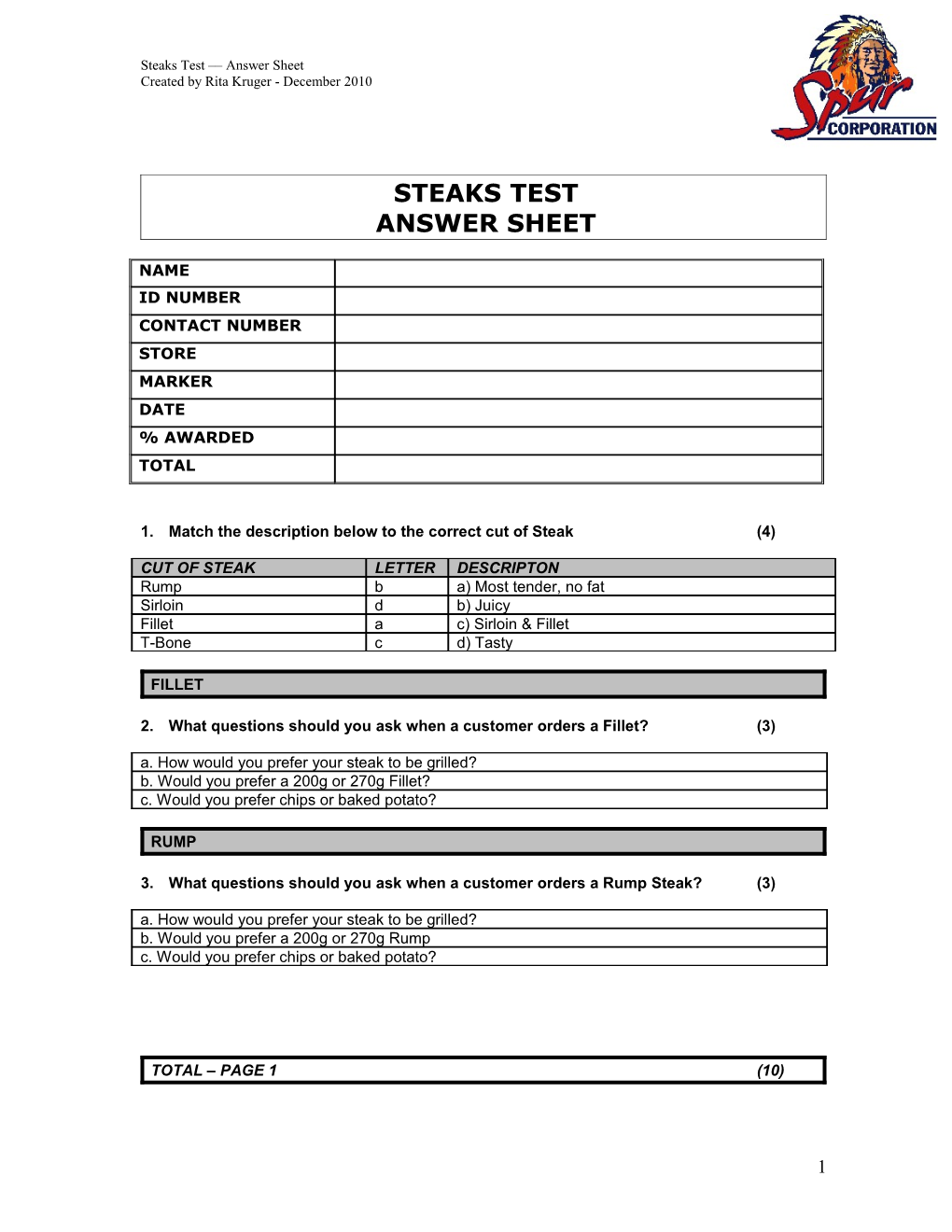 Steaks Test Answer Sheet