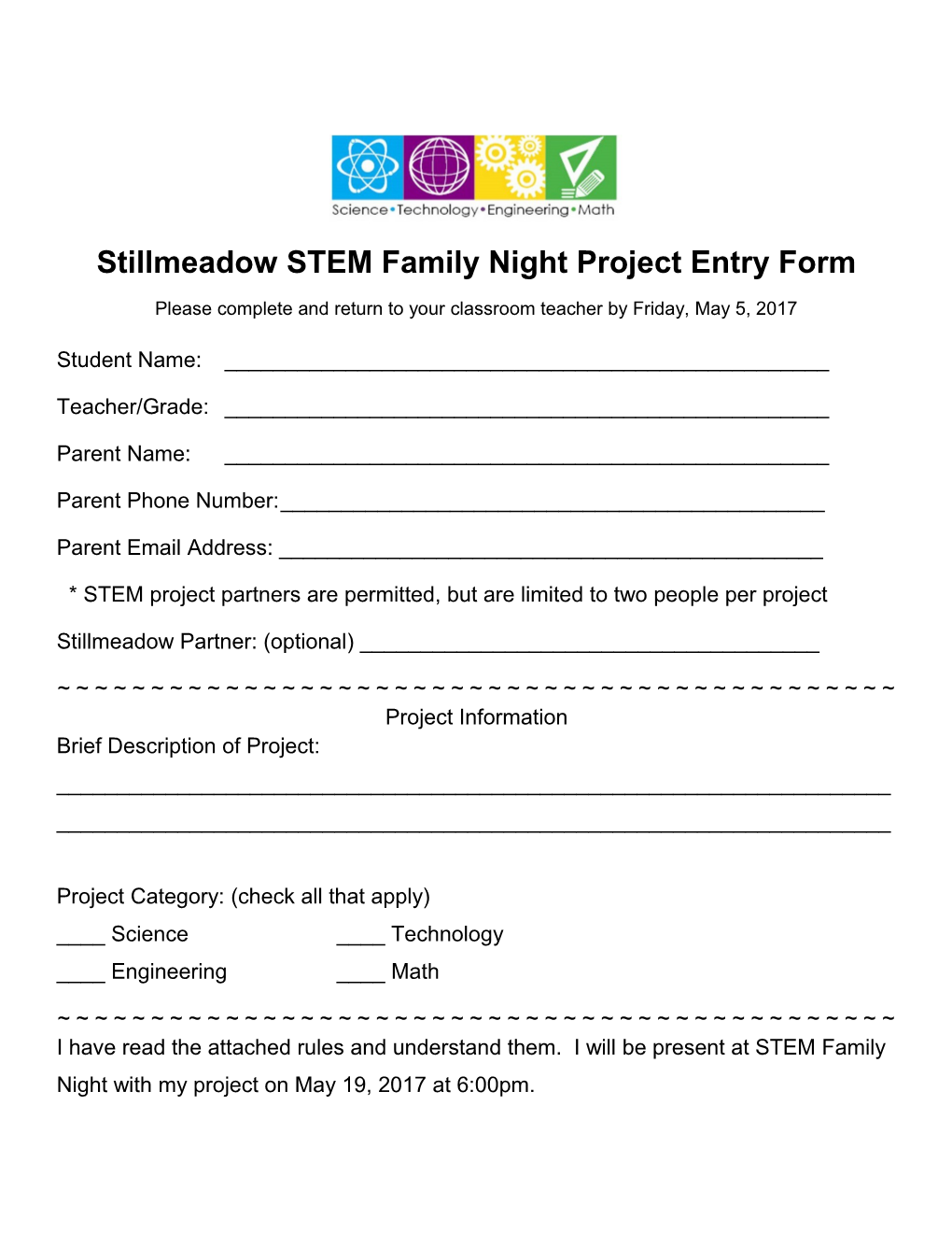 Stillmeadow STEM Family Night Project Entry Form
