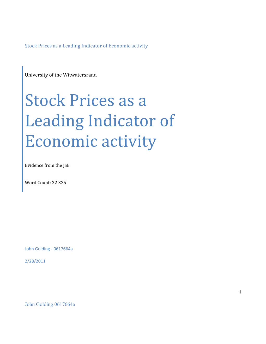 Stock Prices As a Leading Indicator of Economic Activity