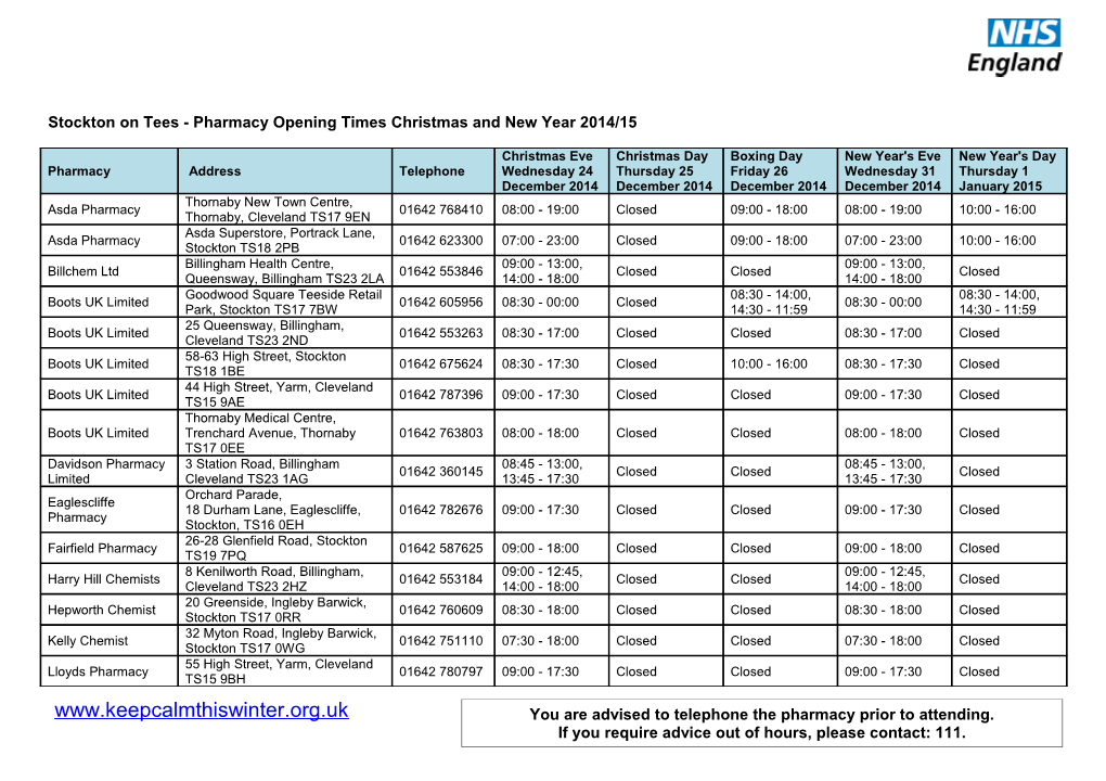 Stockton on Tees- Pharmacy Opening Times Christmas and New Year 2014/15