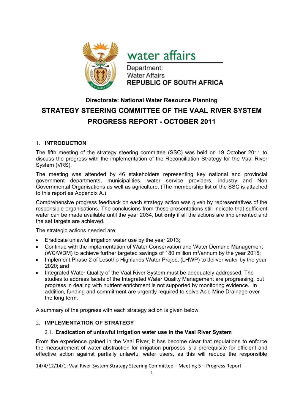 Strategy Steering Committee of the Vaal River System