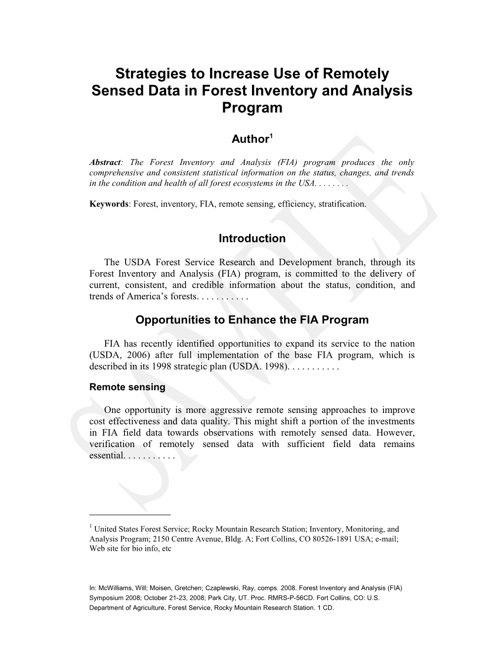 Stratgies to Increase Use of Remotely Sensed Data in Forest Inventory and Analysis Program