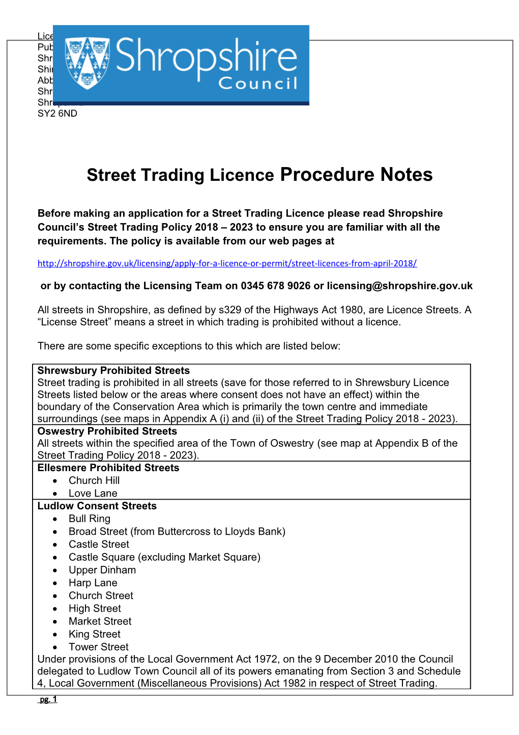 Street Trading Licence Procedure Notes