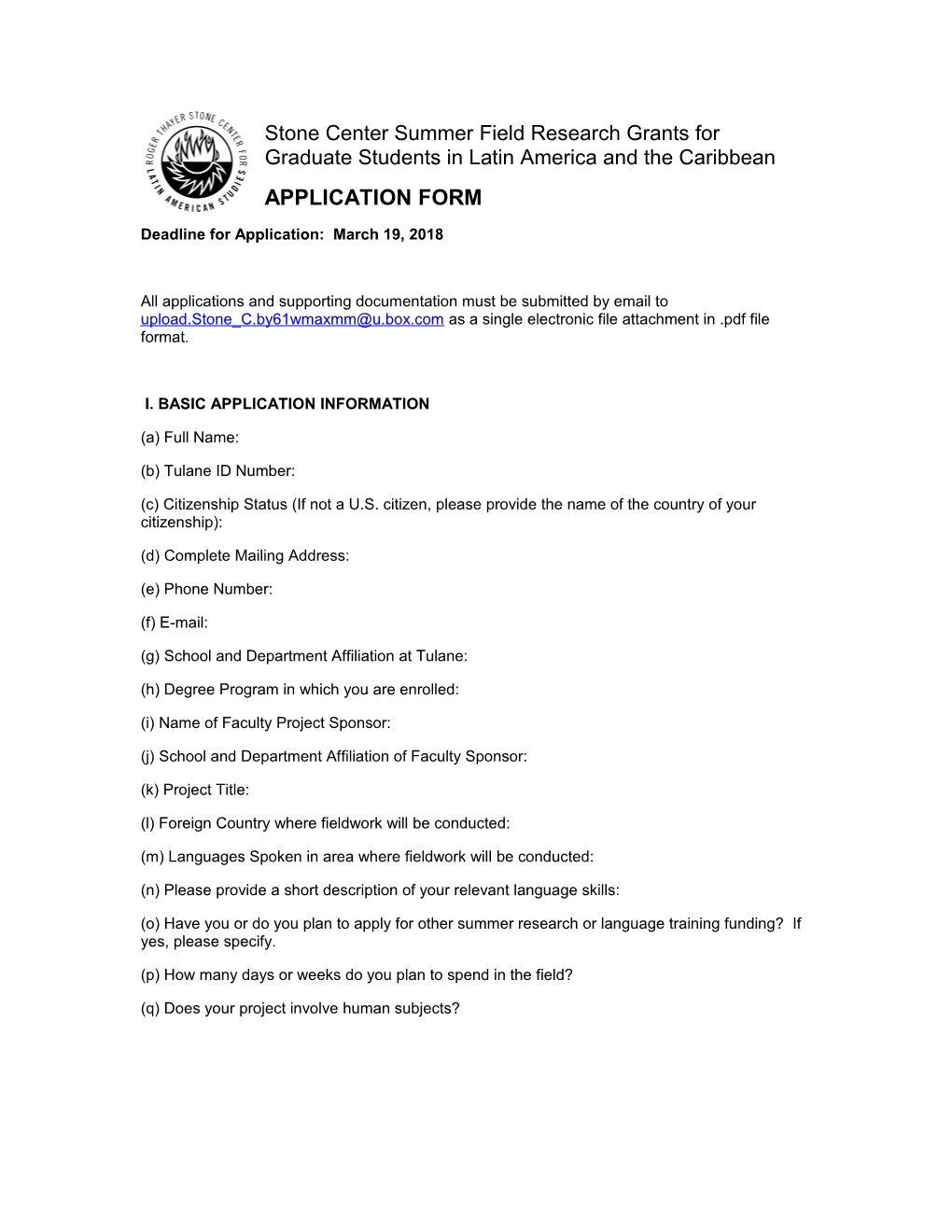 Student Application for Summer Funding - Application Form