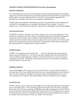 STUDENT CHARACTER MONOLOGUES (In Order of Presentation)