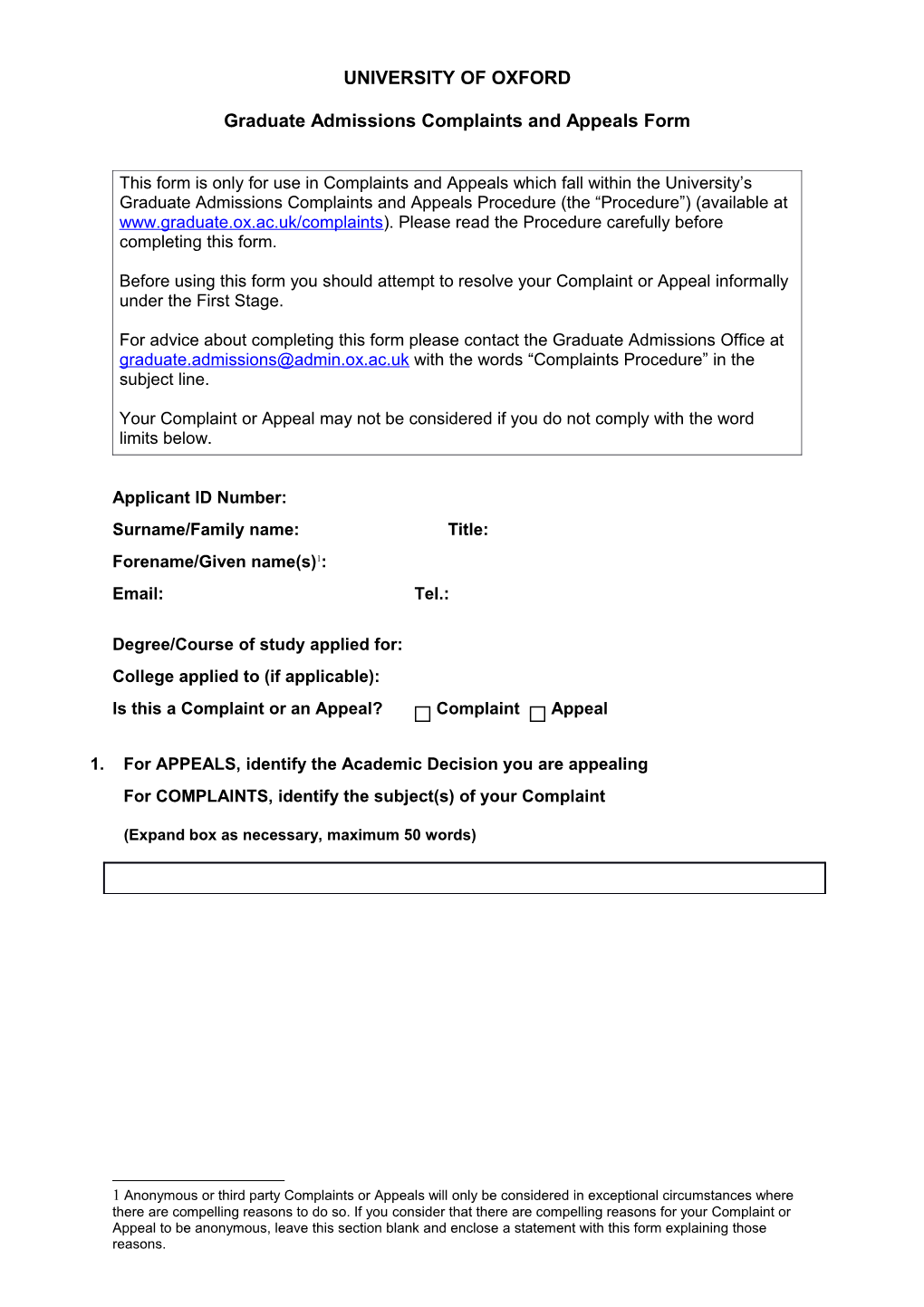 Student Complaints Procedure: Application Form