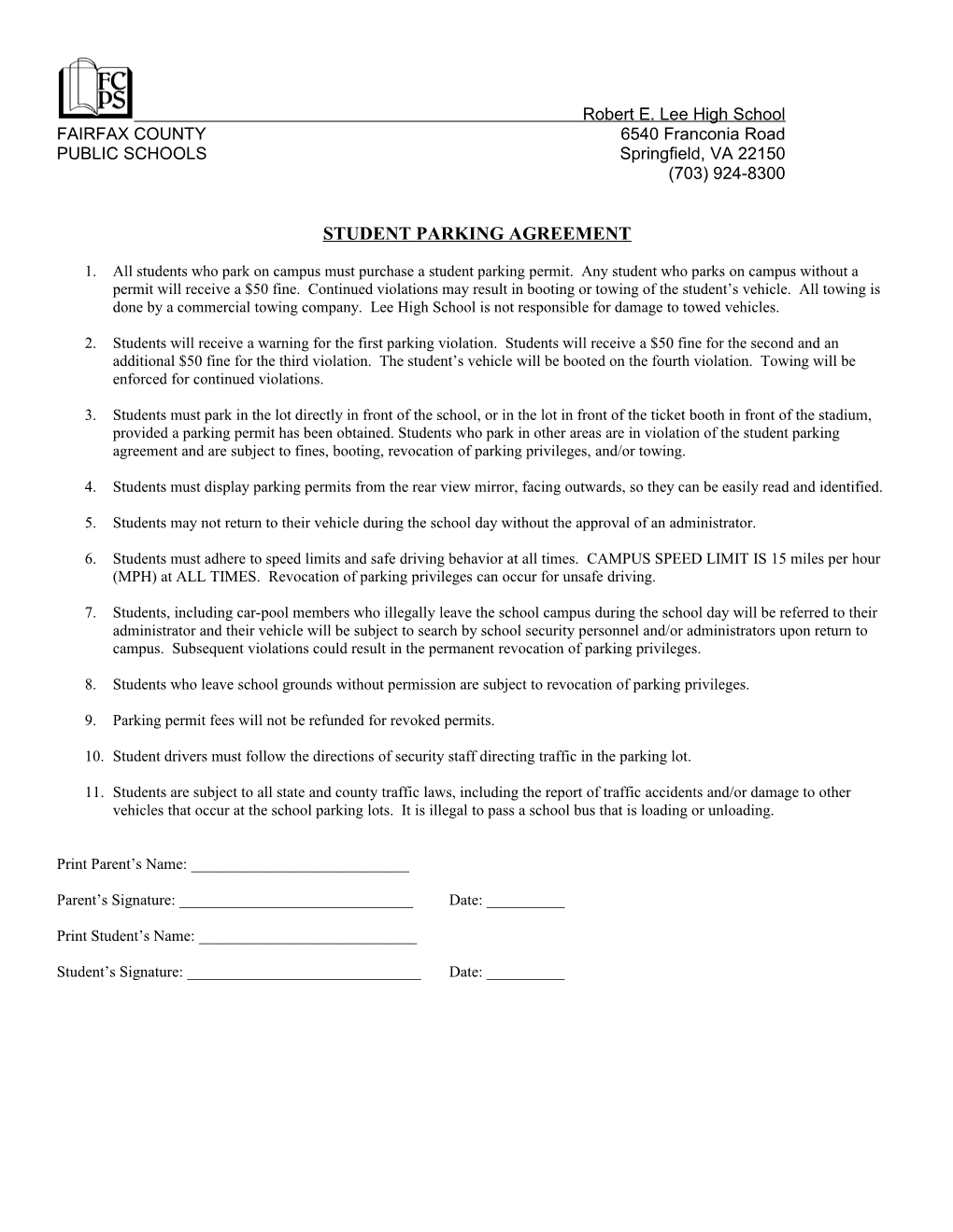 Student Parking Agreement
