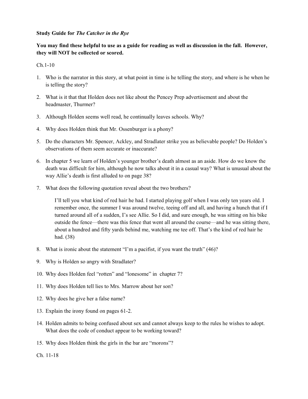 Study Guide for the Catcher in the Rye