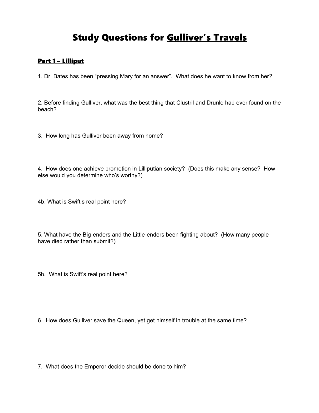Study Questions for Gulliver S Travels