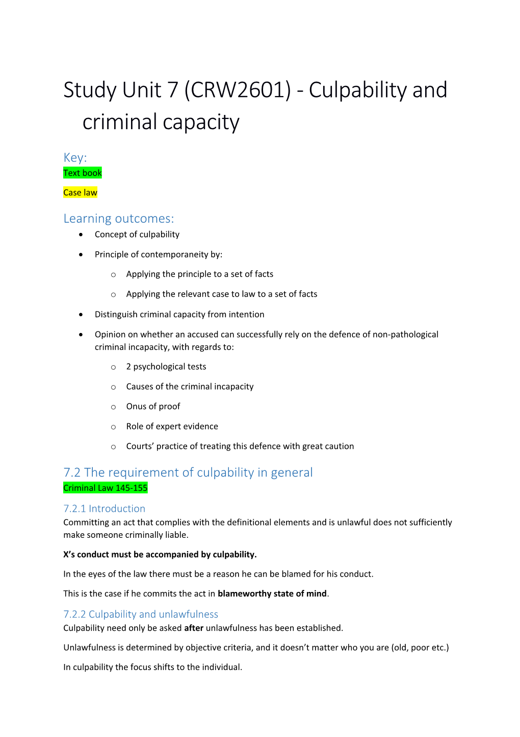 Study Unit 7 (CRW2601) - Culpability and Criminal Capacity