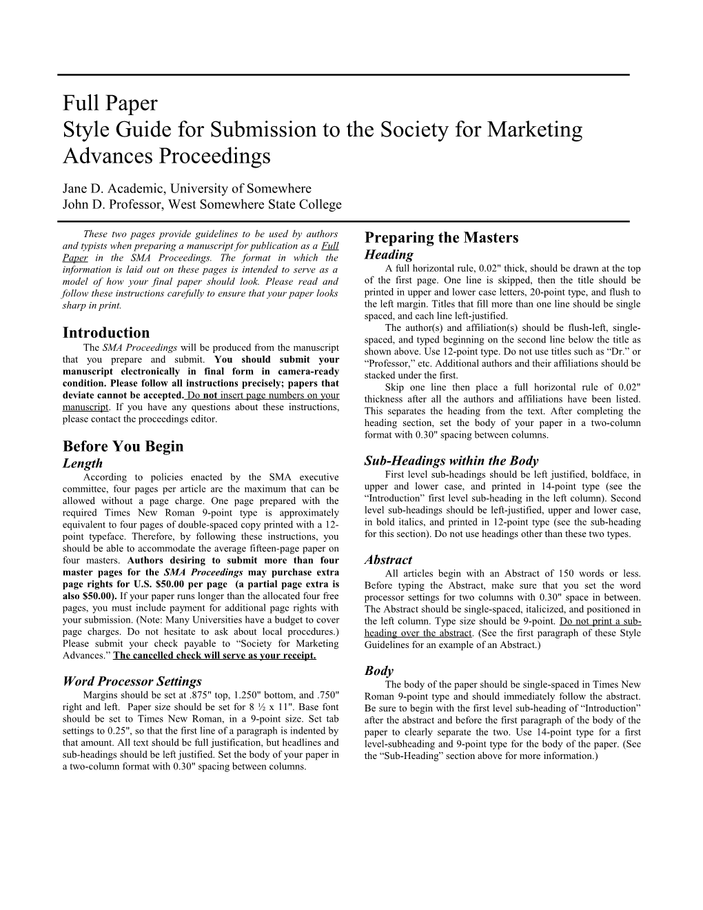 Style Guide for Submission to the Society for Marketing Advances Proceedings
