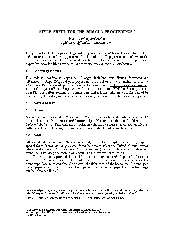 Style Sheet for the 2016 Cla Proceedings*