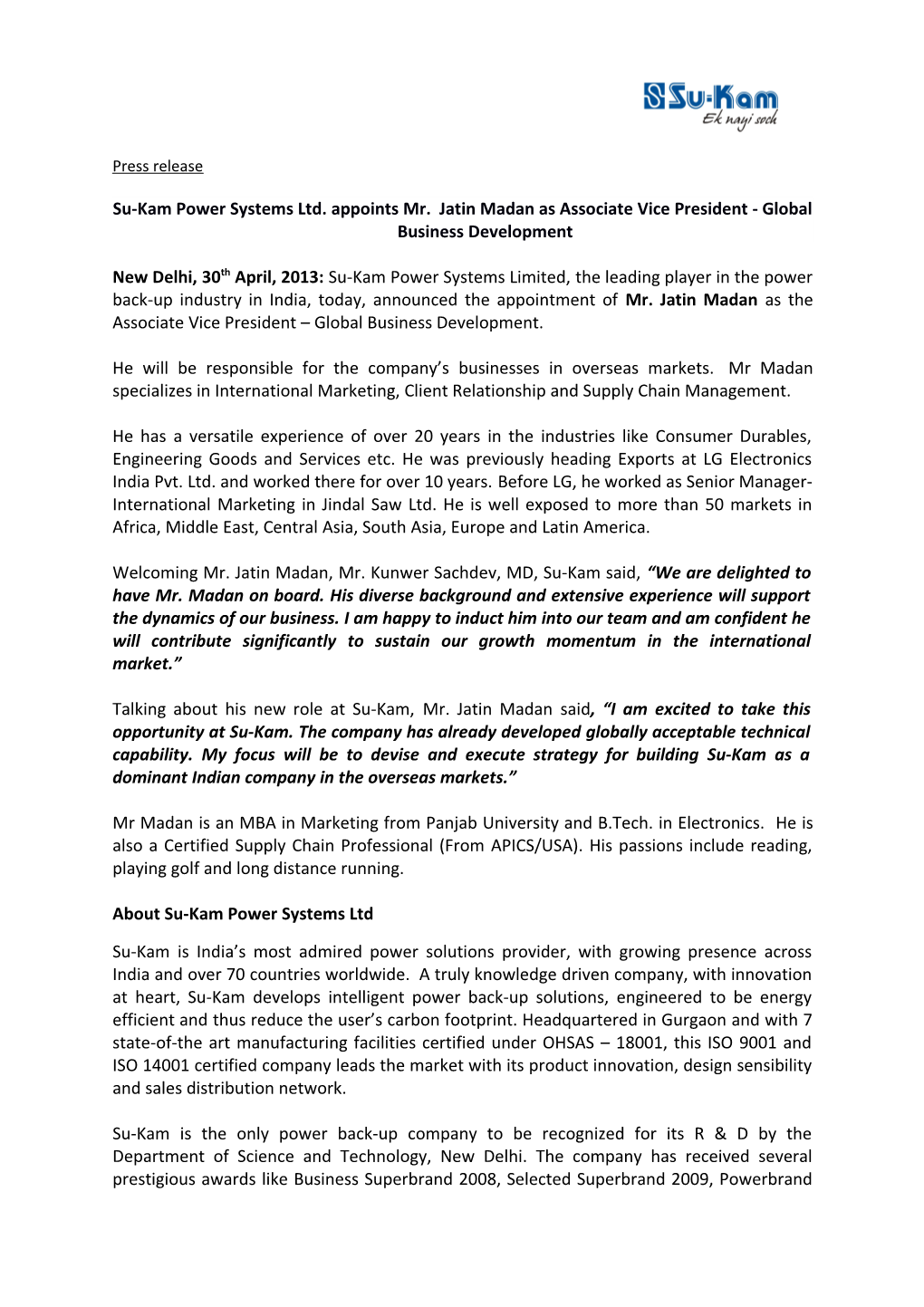 Su-Kampower Systems Ltd. Appoints Mr. Jatin Madan As Associate Vice President - Global