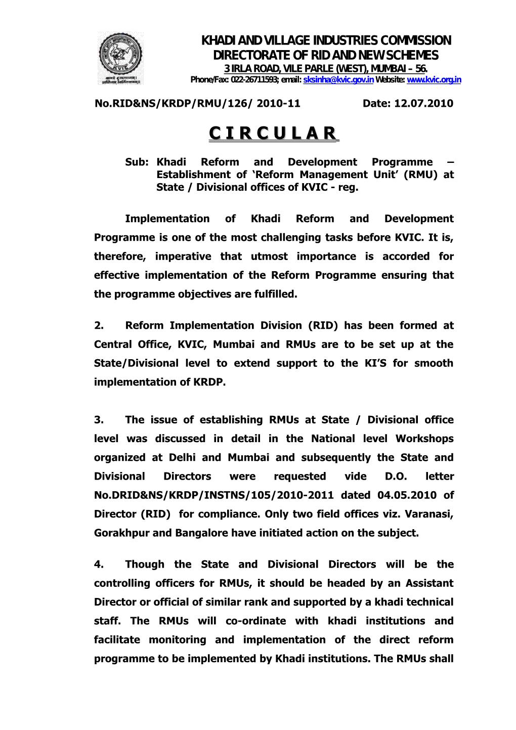 Sub:Khadi Reform and Development Programme Establishment of Reform Management Unit (RMU)