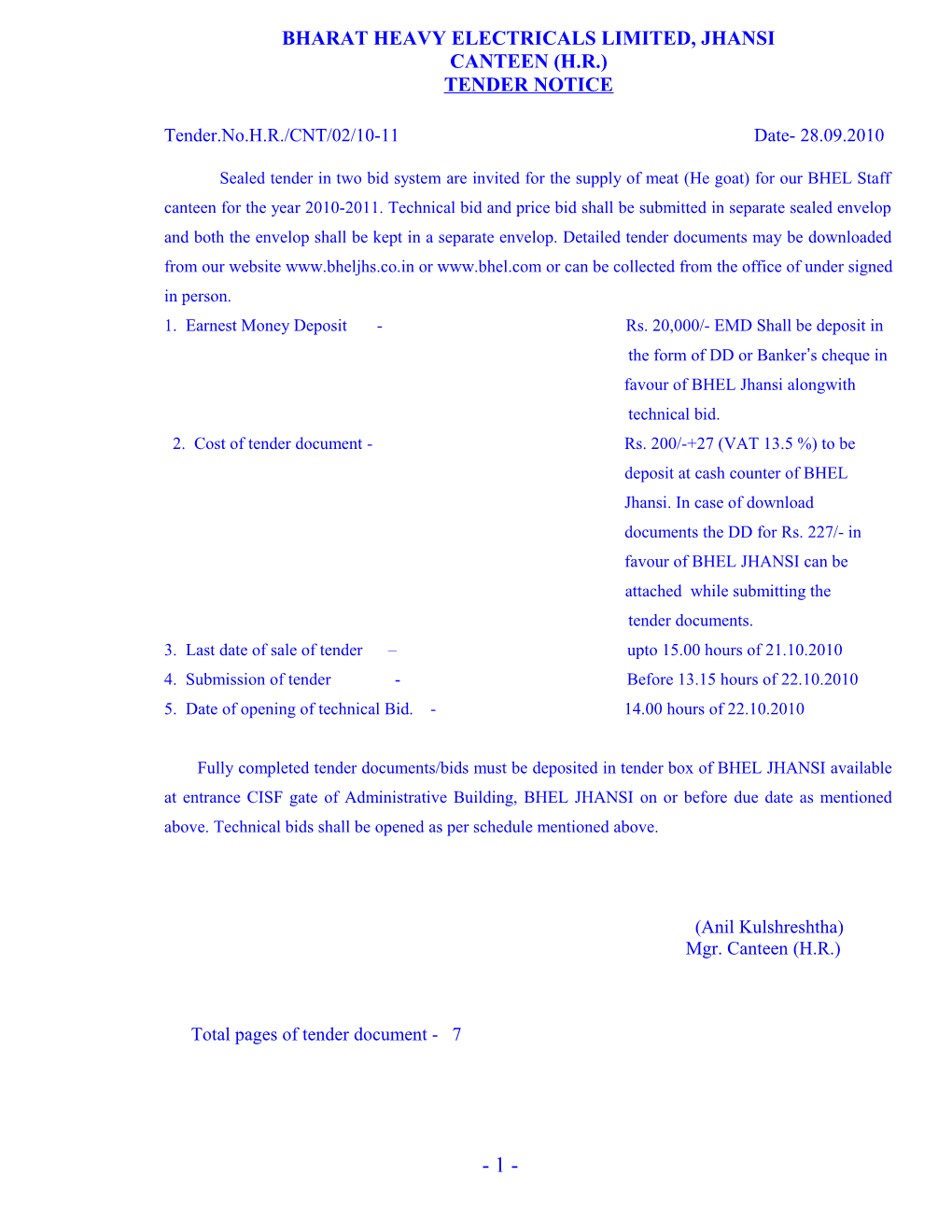 Subject : Annual Contract for the Supply of Vegetables for The