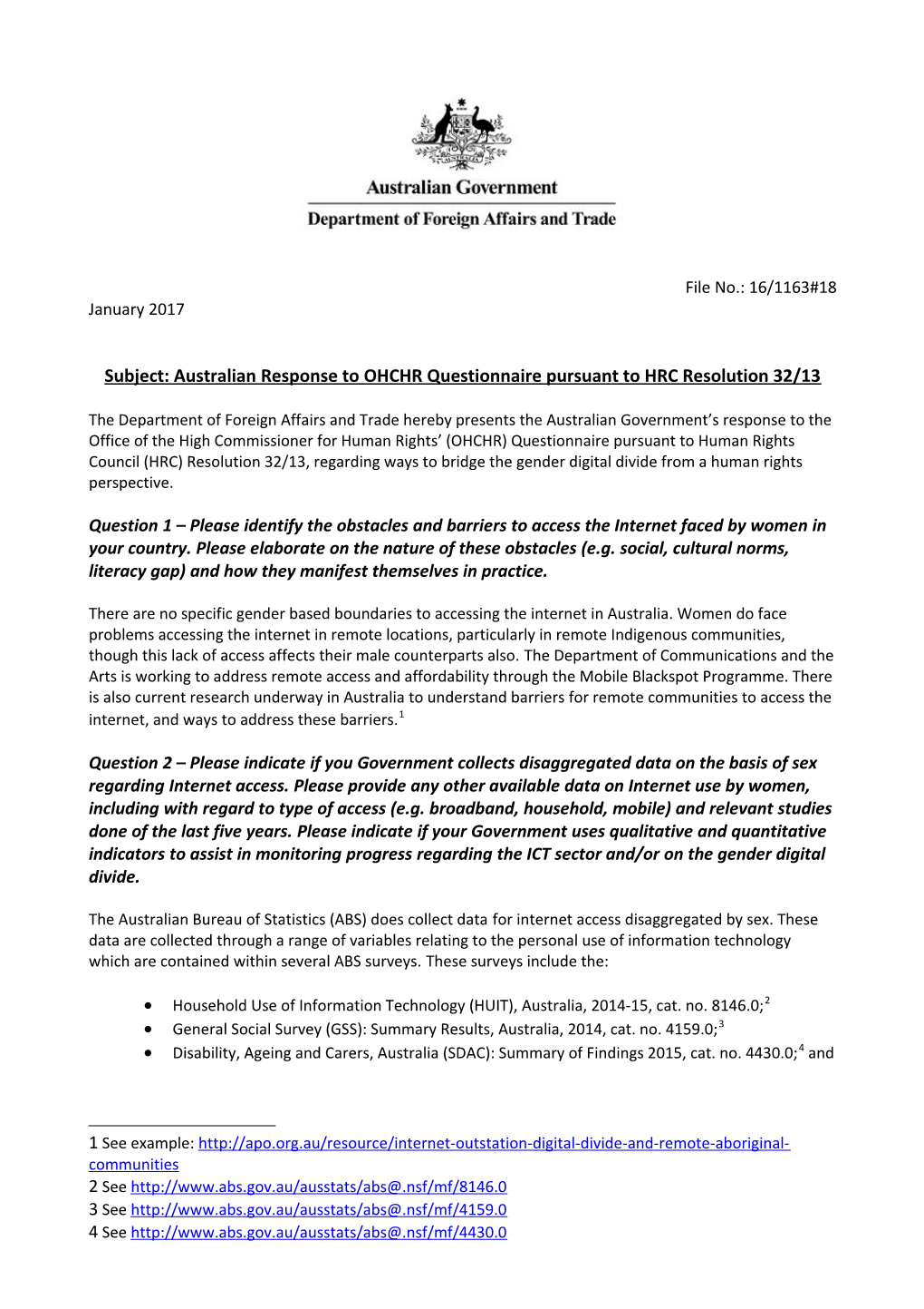 Subject: Australian Response to OHCHR Questionnaire Pursuant to HRC Resolution 32/13