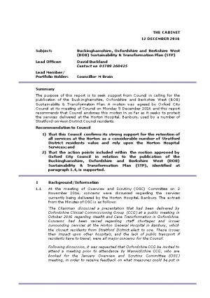 Subject:Buckinghamshire, Oxfordshire and Berkshire West (BOB) Sustainability & Transformation