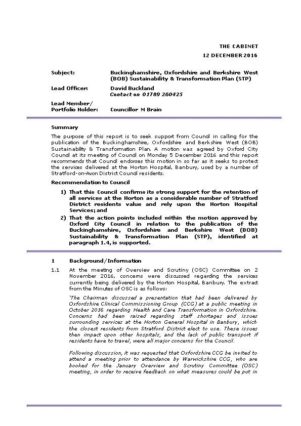 Subject:Buckinghamshire, Oxfordshire and Berkshire West (BOB) Sustainability & Transformation