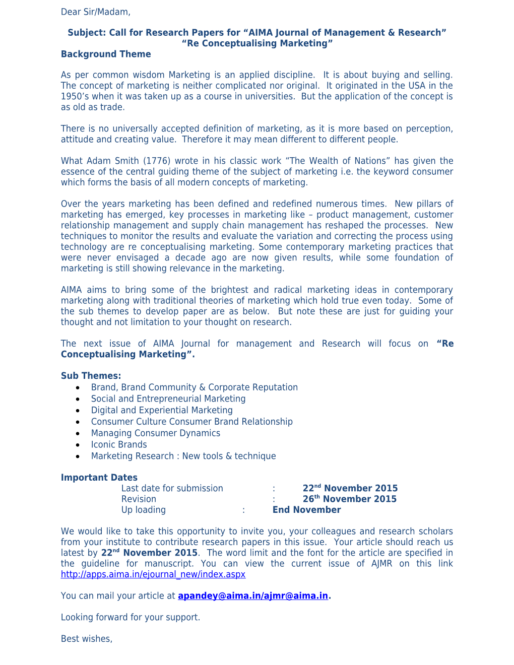 Subject: Call for Research Papers for AIMA Journal of Management & Research