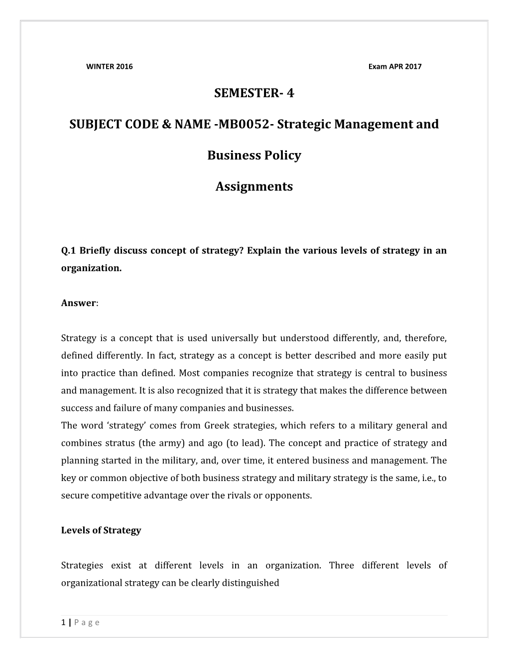 SUBJECT CODE & NAME -MB0052- Strategic Management and Business Policy
