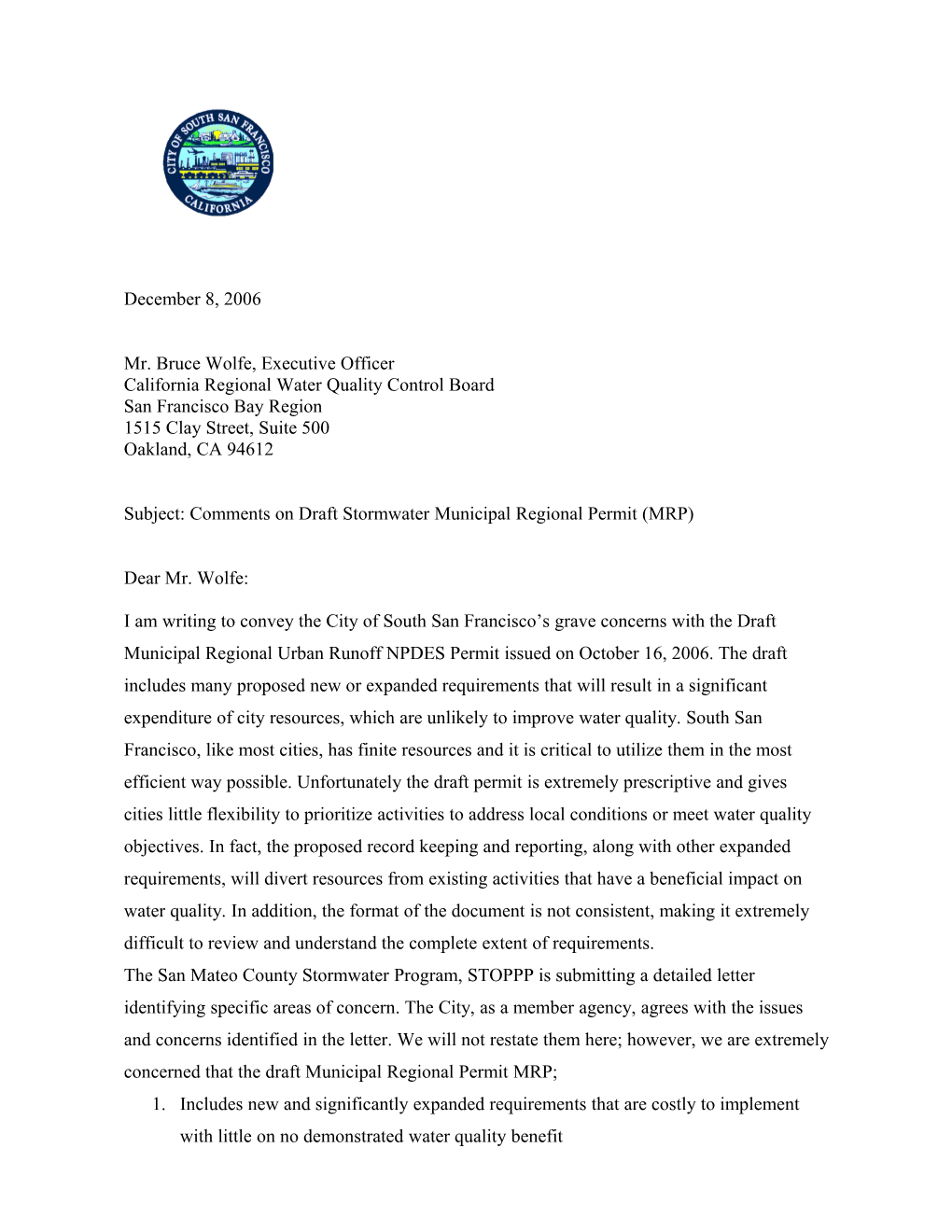 Subject: Comments on Draft Stormwater Municipal Regional Permit (MRP)
