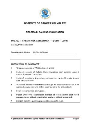 Subject: Credit Risk Assessment 1 (Iobm D204)