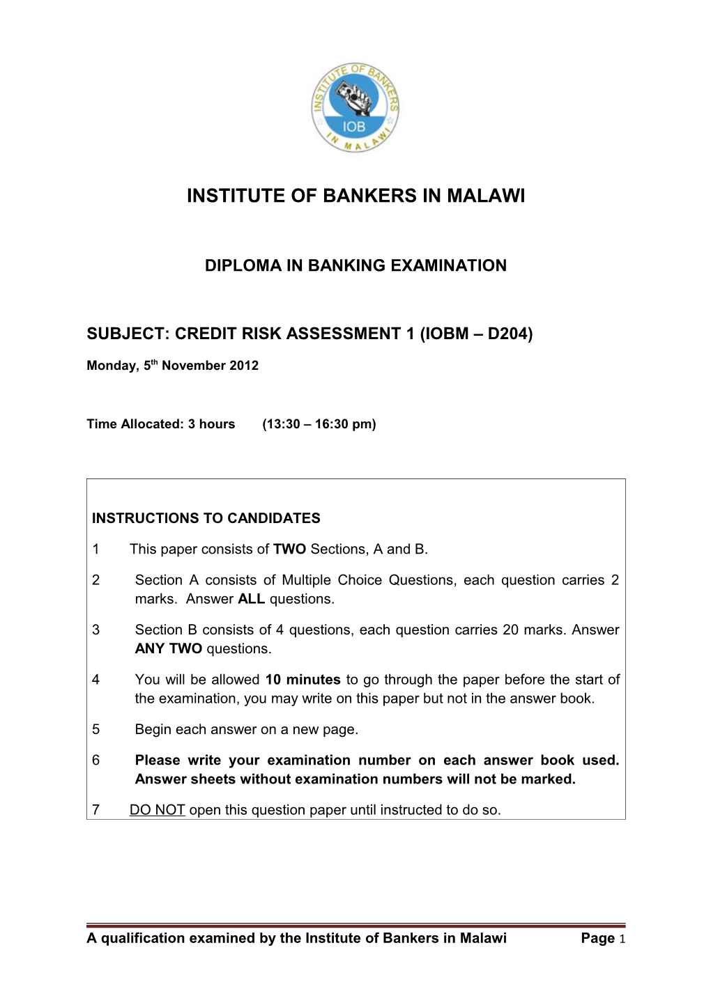 Subject: Credit Risk Assessment 1 (Iobm D204)