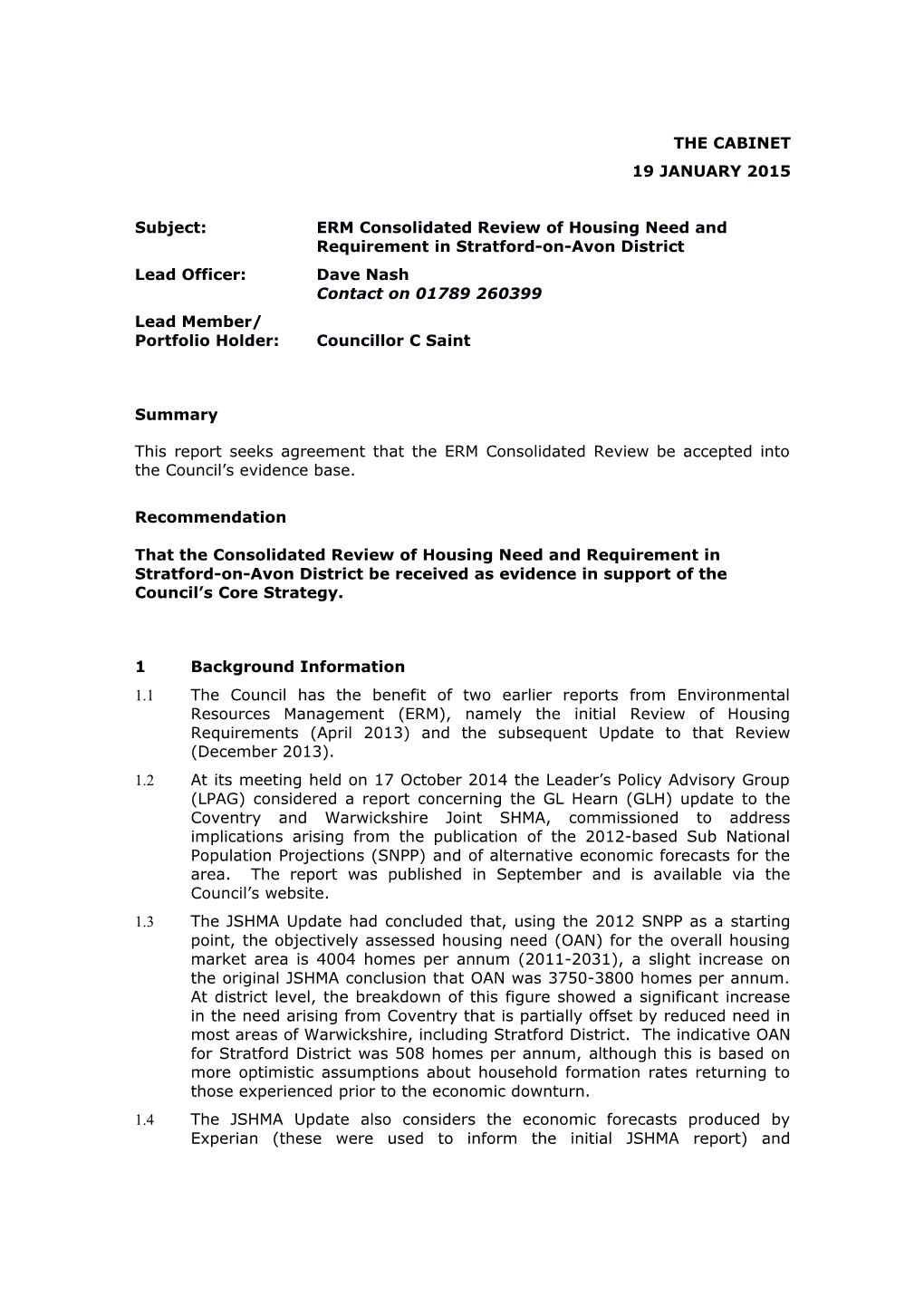 Subject:ERM Consolidated Review of Housing Need and Requirement in Stratford-On-Avon District