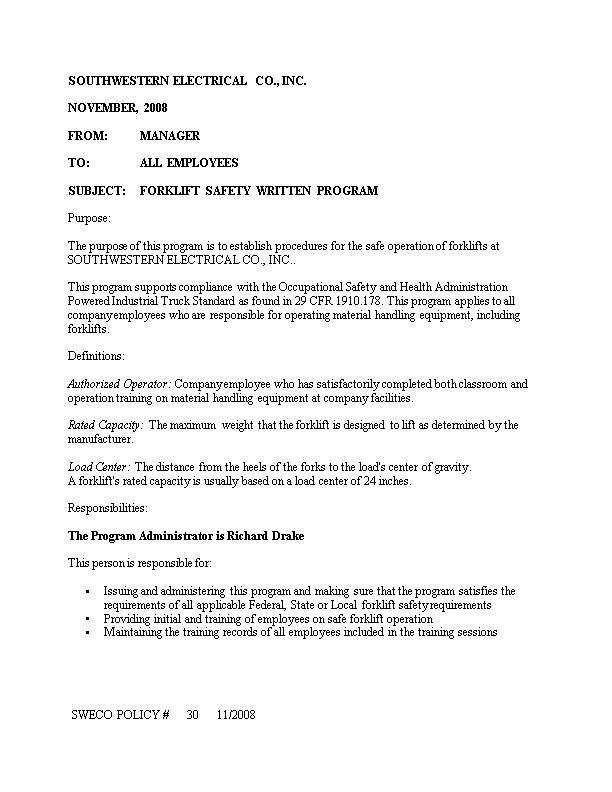 Subject:Forklift Safety Written Program