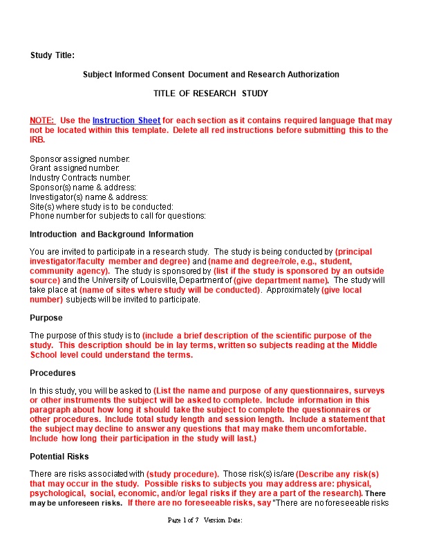 Subject Informed Consent Document and Research Authorization