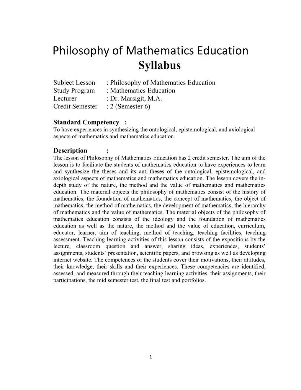 Subject Lesson: Philosophy of Mathematics Education