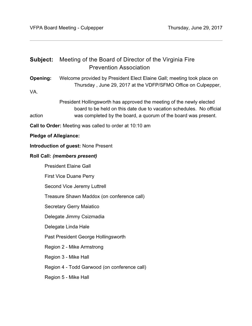 Subject: Meeting of the Board of Director of the Virginia Fire Prevention Association