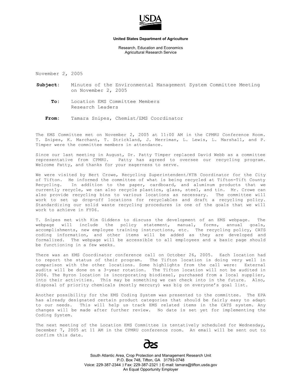 Subject:Minutes of the Environmental Management System Committee Meeting on November 2, 2005