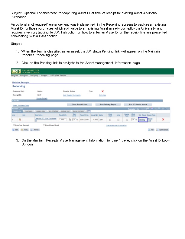 Subject: Optional Enhancement for Capturing Asset ID at Time of Receipt for Existing Asset