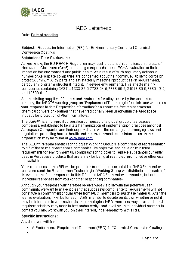 Subject: Request for Information (RFI) for Environmentally Compliant Chemical Conversion